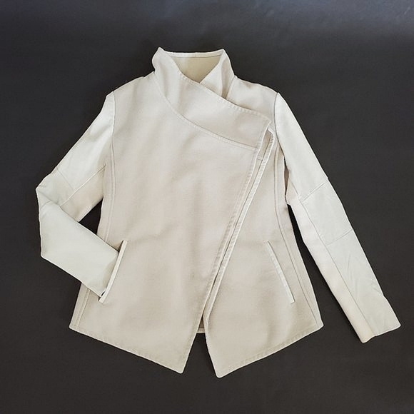 Vince Ivory White Leather Trim Wool Blend Drape Open Front Jacket - Picture 8 of 12